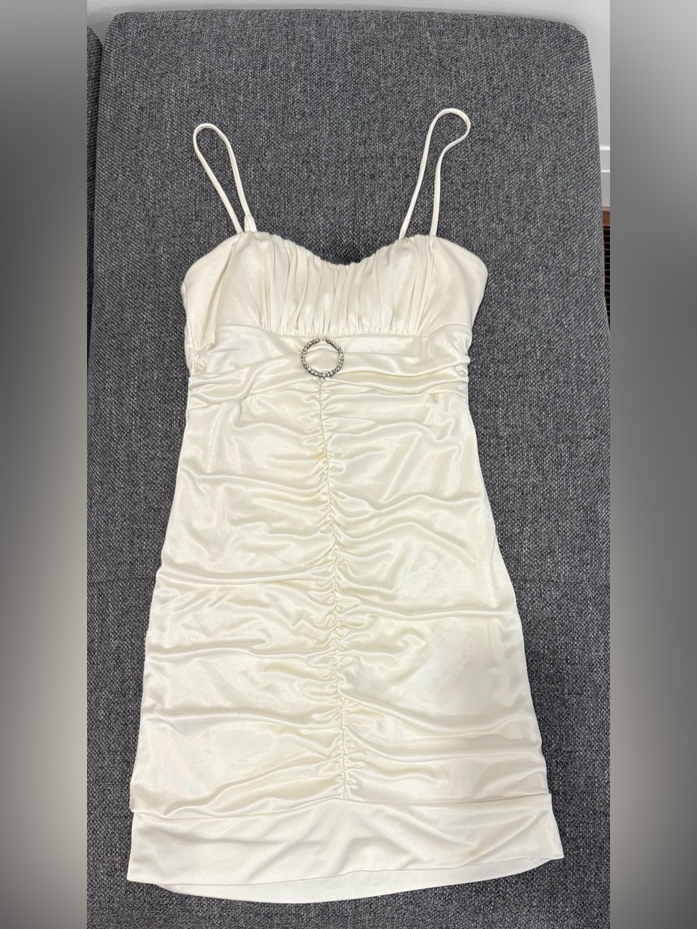 Speechless Ivory Ruched Satin Mini Dress with Rhinestone Ring